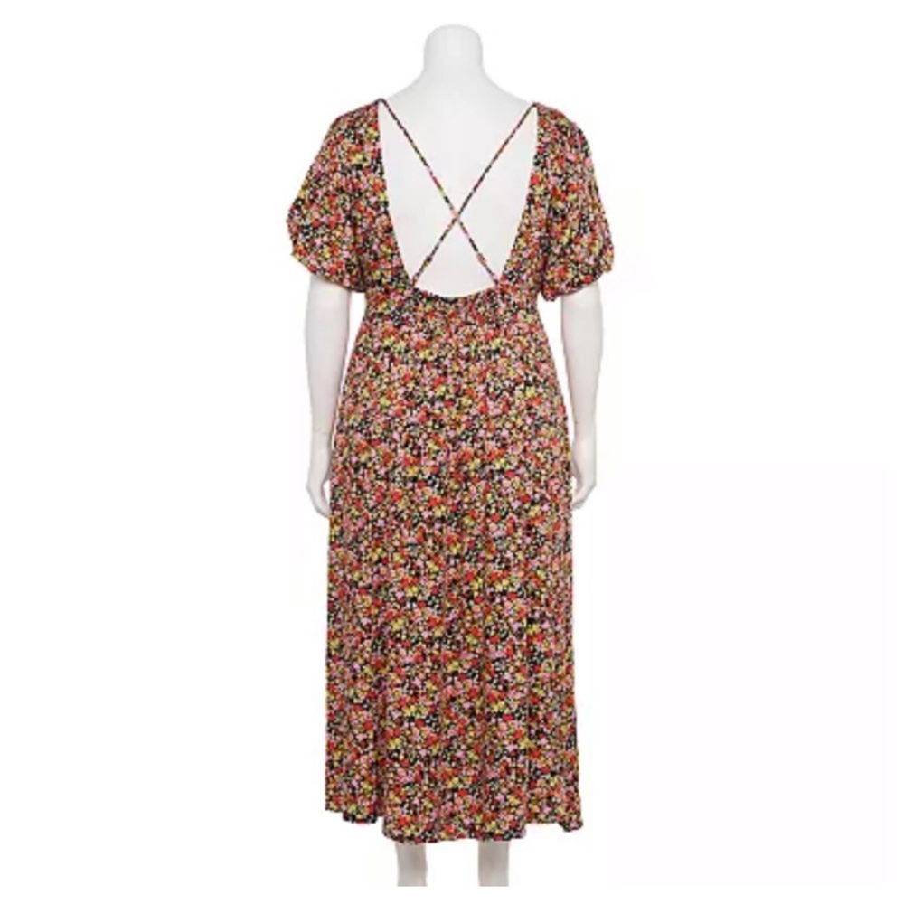 Backless Deep V Puff Sleeve Midi Dress - Picture 2 of 7
